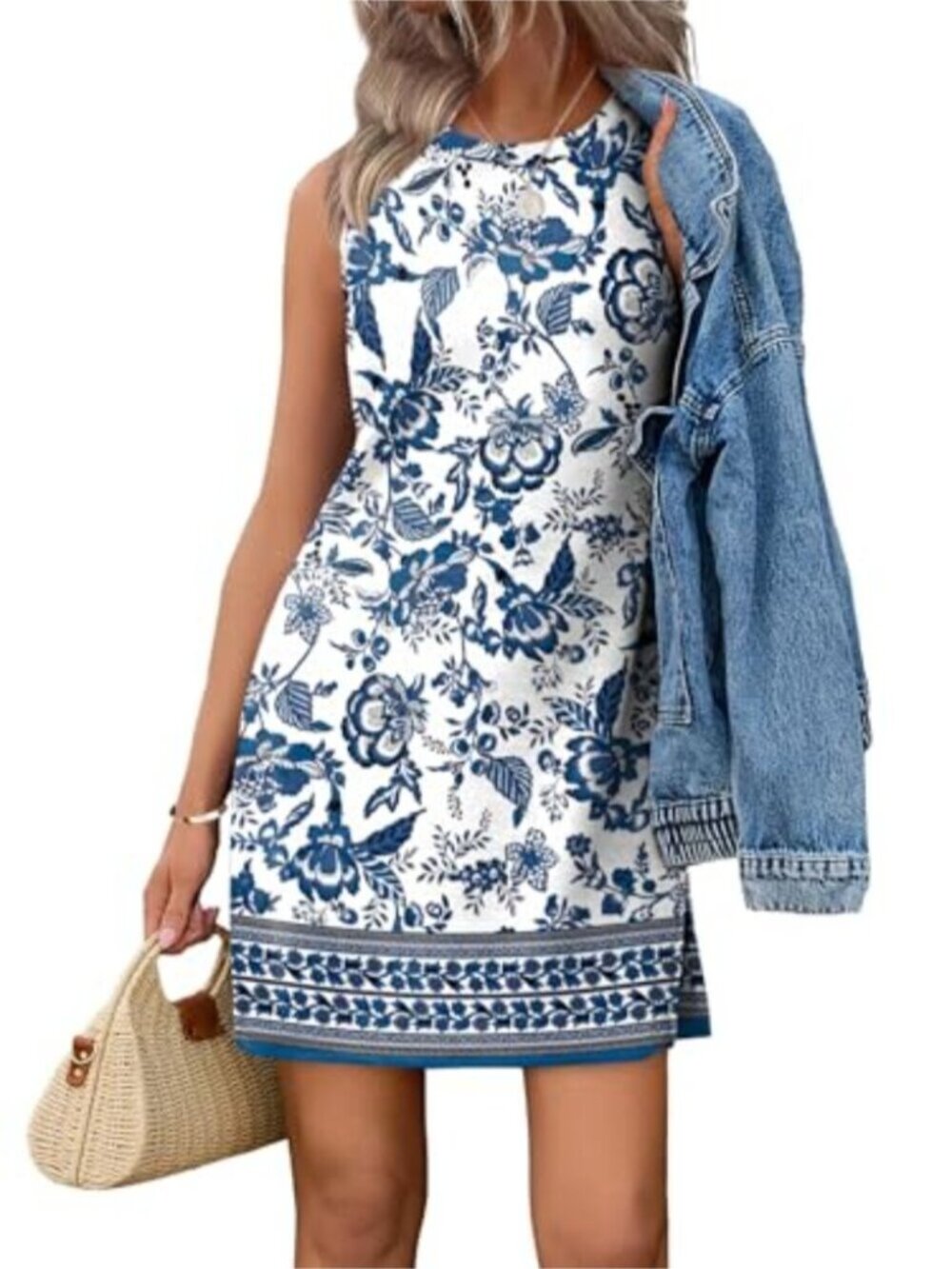 Sleeveless Boho Tank Dress Crewneck Summer - Picture 6 of 9